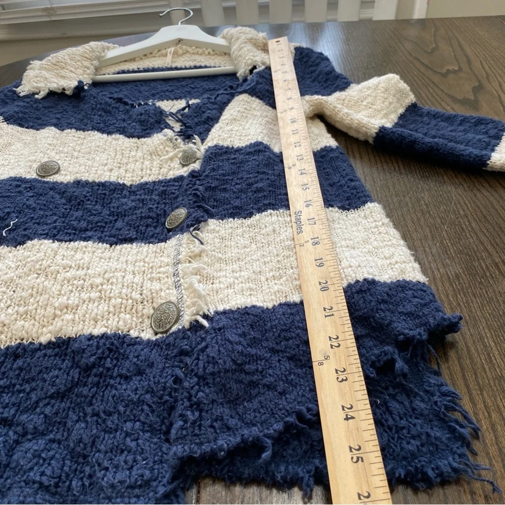 Free People Blue and Cream Stripe Coat of Arms Jacket Cardigan‎ Size S